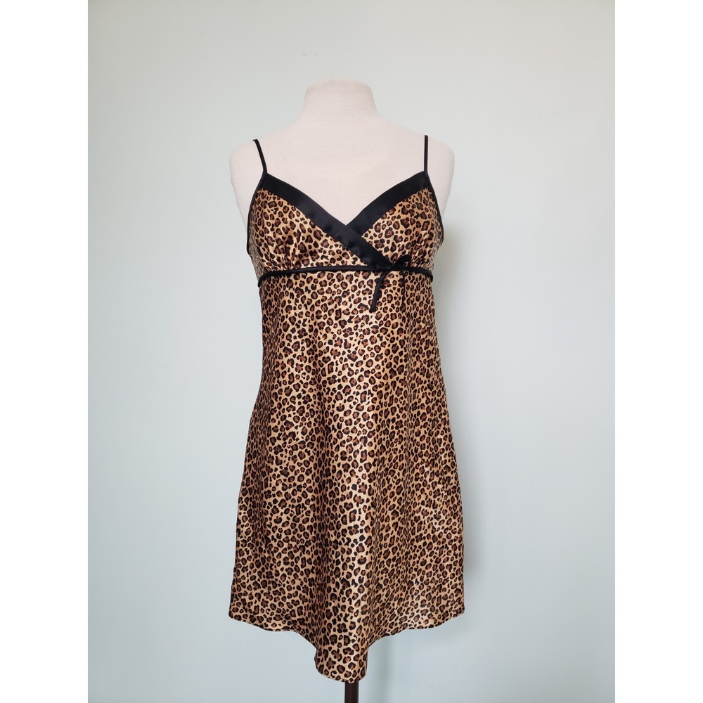 VTG Morgan Taylor Intimates Womens M Satin Slip Dress Cheetah Print Brown Mini‎